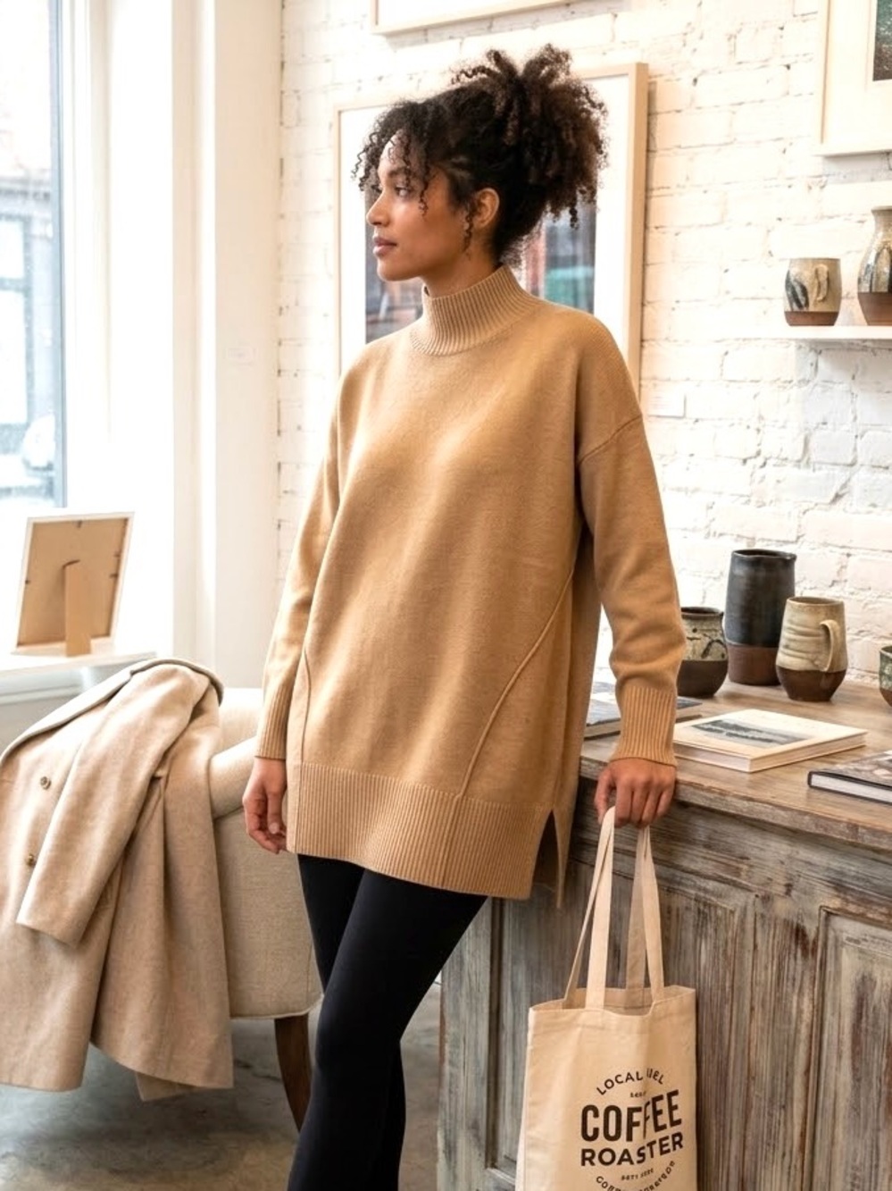 French Connection Camel Ribbed Knit Mock Neck Tunic Sweater -  Size M